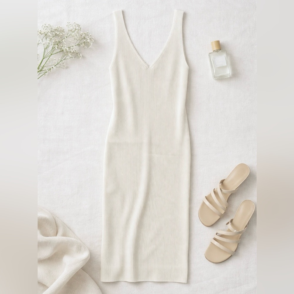 Reformation Heron Ribbed Knit Sweater Dress Beige Midi Bodycon L NWT